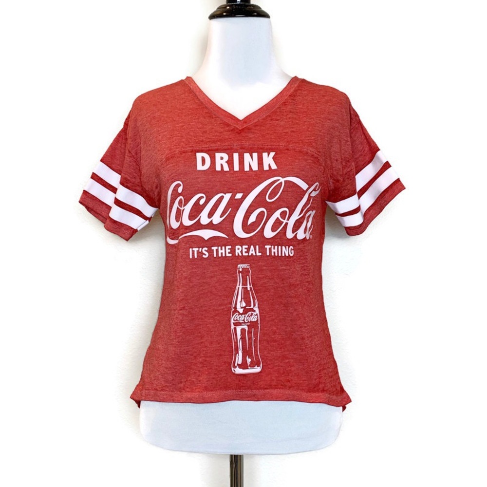 Coca Cola V-neck Varsity Striped Slub Tee Shirt XS